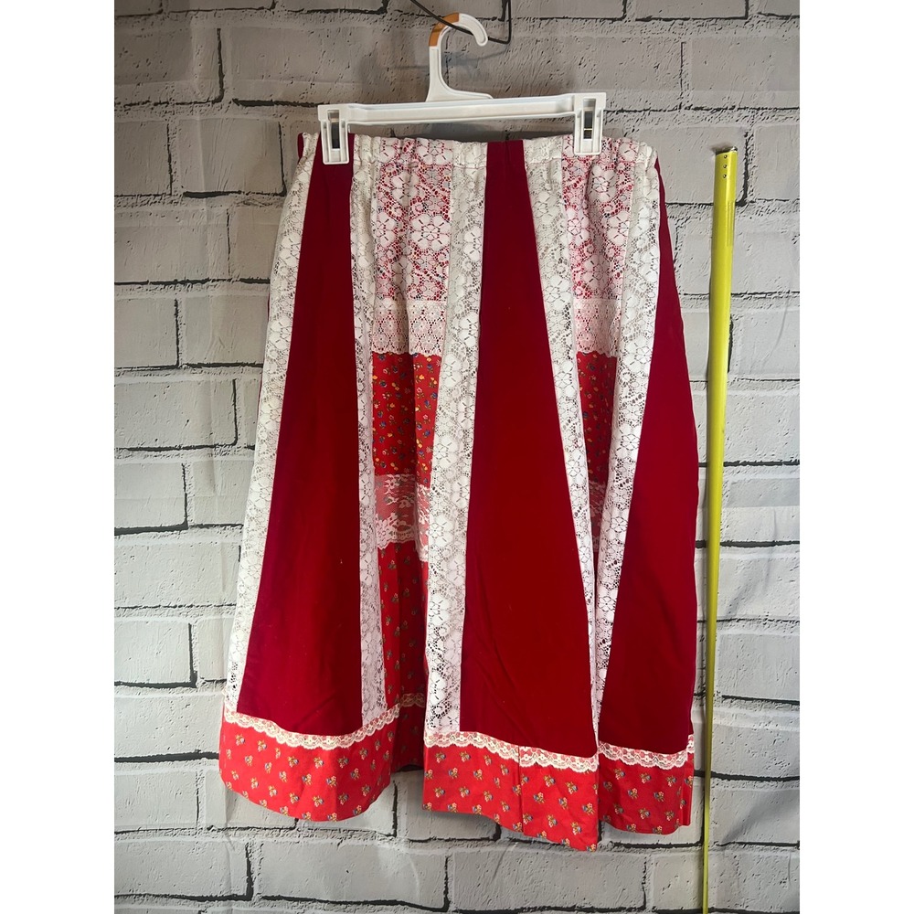 Vintage 1970s Carefree Fashions Red Velvet Lace Patchwork Skirt One Size NWT